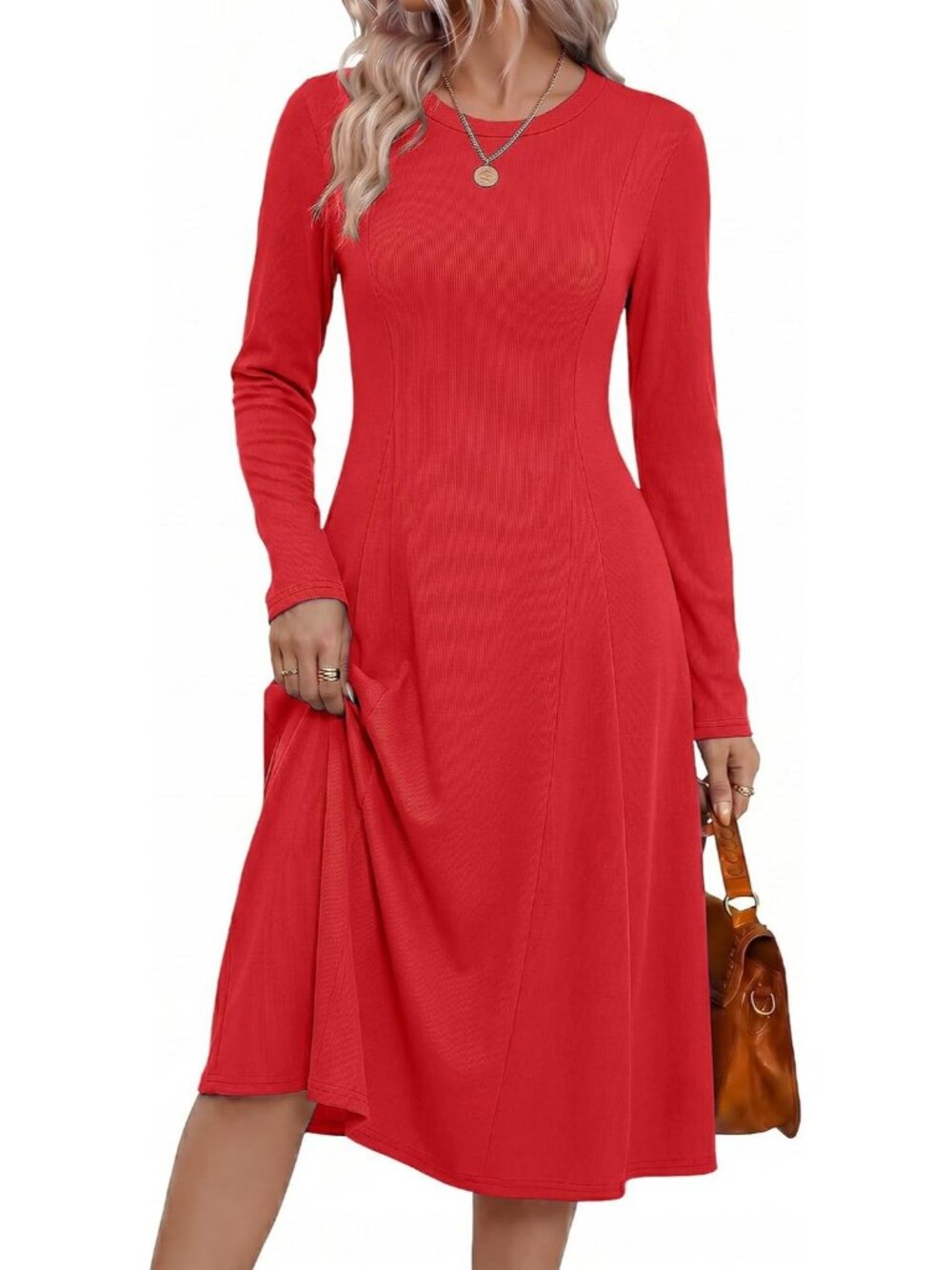 Women's Red Sweater Crew Neck Long Sleeve Ribbed Knit A Line Flowy Midi Dress